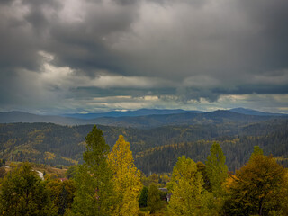 Misty Autumn Rain Clouds over Ukrainian Carpathian Mountains.