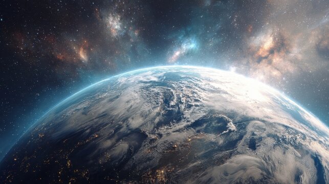 Vibrant clouds hover over Earths surface as city lights illuminate the night seen from space.