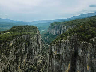 Dramatic aerial view of massive rocky cliffs rising above a deep forested canyon in mountainous terrain.