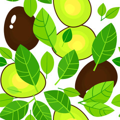 Seamless pattern of avocado and green leaves on a white background