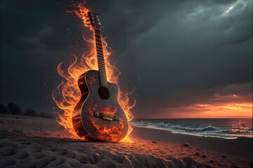 Acoustic guitar engulfed in flames on a beach at sunset, a fiery musical instrument. acoustic guitar engulfed