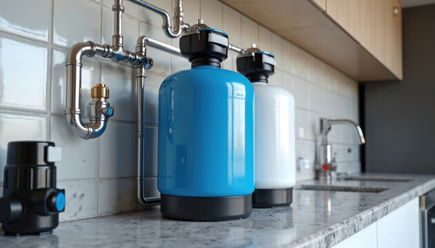 Modern house water filtration system shown in contemporary kitchen. Blue, white filter tanks connect to shiny chrome pipes on tiled wall. Clean water tech provides home plumbing, health, wellness.
