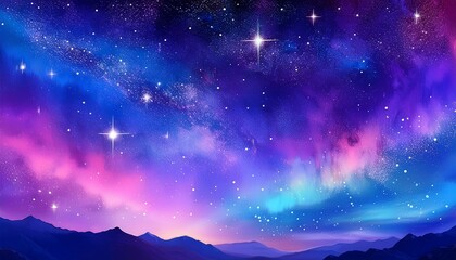 Fototapeta premium Beautiful Fantasy Starry Night Sky Blue And Purple Colorful Galaxy And Aurora 4K Wallpaper Cosmic Watercolor Illustration Colorful Space Background With Stars