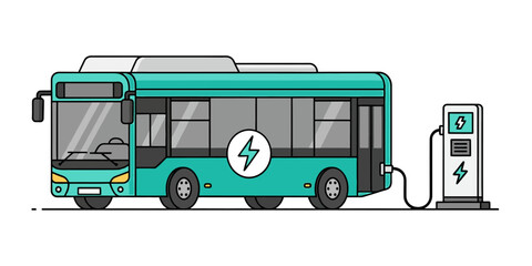 Modern vector illustration of a teal (greenish blue) electric bus (e-bus) connected and charging at a public EV charging station © Hafiz