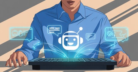 Man Interacting with a Chatbot: A person is shown with his hands on the keyboard of a computer, with an image of a chatbot with thought bubbles of chat.