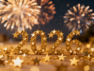 Golden Stars Forming the Year 2026 with Fireworks and Bokeh Lights for New Year's Eve Celebration Background or Greeting Card Design