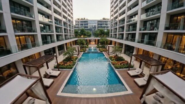 Luxury High Rise Condominiums with Swimming Pool and Modern Architecture.