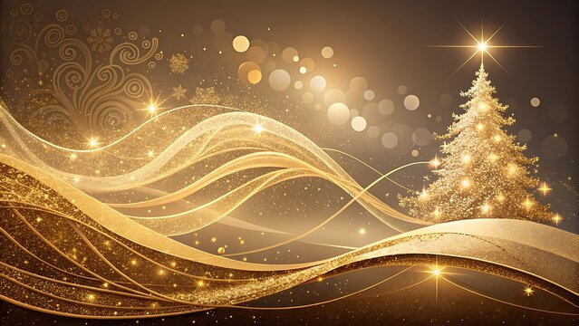 Elegant golden christmas tree with swirling lights and bokeh