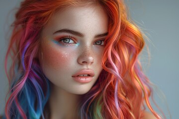 A young woman with striking red hair and blue eyes looks to the left, showcasing subtle makeup and a soft gray background.  An image of contemplation and beauty.