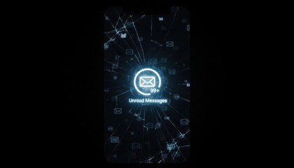 Messaging overload displayed on a smartphone screen with cracks showcasing unread message notifications