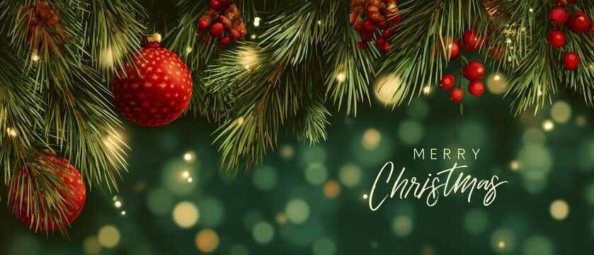 Green Christmas Banner with Pine Leaves and Red Ornaments