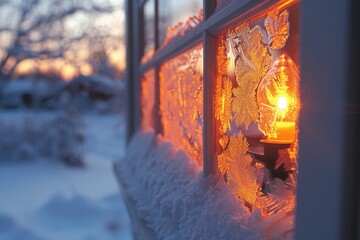 A captivating image of a window with frosted glass, illuminated by a warm, golden light during sunset. Creates a serene and inviting atmosphere.