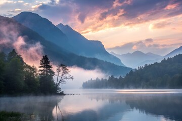 Stunning mountain lake at sunrise with mist, trees, and beautiful sky reflection. stunning mountain lake at sunrise
