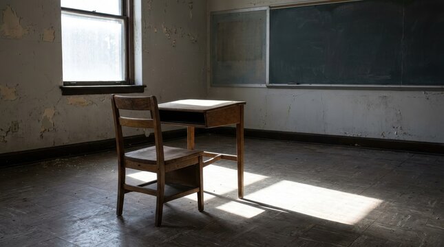 Empty classroom with a single desk and chair illuminated by sunlight during the day