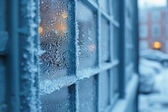 A captivating close-up shot of frosted windows on a cold winter day. The intricate patterns of ice and snow create a beautiful, textured effect. Evokes a sense of tranquility and winter's beauty.