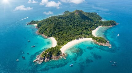Fototapeta premium Lush green tropical island features pristine white sand beaches and crystal clear turquoise ocean, offering an idyllic escape with boats, paragliders, and visible reef from an aerial perspective