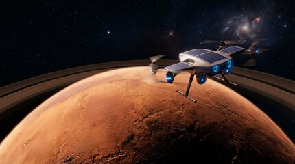 Solar-powered drone explores mars beneath dramatic planetary rings, surveying red terrain and conducting autonomous scientific research against starry galaxy-filled space background
