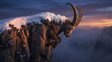 Fototapeta premium Alpine ibex showing strength and agility, leaping from a snow-covered rocky cliff against a dramatic sunset sky with clouds and fog filling the mountain valleys