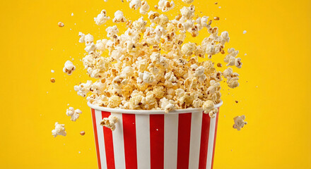 A high-speed, freeze-motion photograph of popcorn kernels exploding out of a red and white striped paper bucket. Popcorn pieces are suspended in mid-air against a solid bright yellow background
