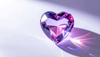 Fototapeta premium Faceted crystal heart in bright light background image on white background, abstract