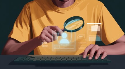Analyzing the Digital Realm: A person meticulously examines data and information through a magnifying glass, focusing on a futuristic interface. Exploring concepts like research and data.