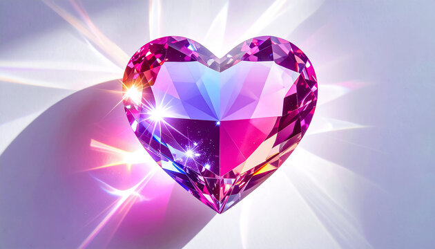 Faceted crystal heart in bright light background image on white background, abstract