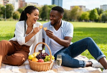 valentine picnic date with smiling couple feeding each other fruit on blanket