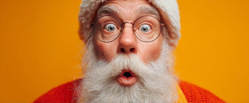 Surprised Man in Santa Hat With White Beard Looks Astonished Against Bright Orange Backdrop