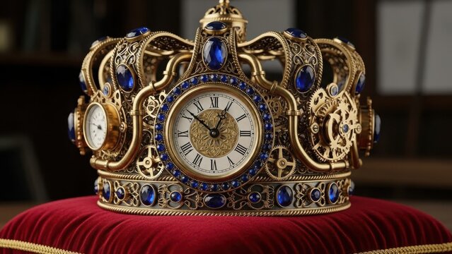 Intricate golden steampunk crown featuring a clock face, gears, and sapphire-like blue gemstones, resting majestically on a red velvet cushion with gold trim.