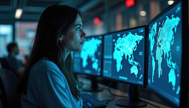 Young woman cyber security analyst monitors global network traffic across multiple computer screens. Watches digital data, world maps. Pro female works in modern dark tech control center, protecting