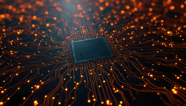 Central computer chip on dark circuit board. Glowing orange lines represent data flow, digital info. Tech background shows processing power, electric signals. Modern hardware concept for innovation, - Powered by Adobe