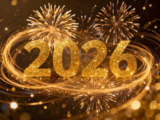 Gold Glitter 2026 with Dynamic Light Trails and Sparkling Fireworks for Happy New Year Celebration and Holiday Event Background