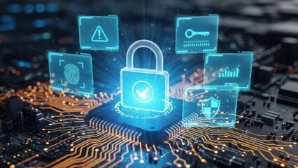 Digital padlock icon symbolizing cybersecurity and data protection, surrounded by other security icons like fingerprint, key, and shield on a glowing circuit board background.