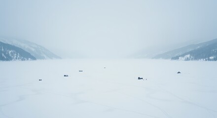 Cold winter day on frozen lake surrounded by snow covered mountains