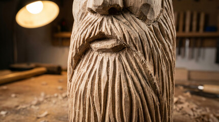 Extreme macro shot of intricate carving on a handmade wooden Christmas ornament