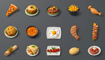 Set of colorful food icons including pizza sushi cake coffee and various meals