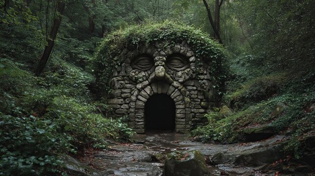 Discover a mysterious stone face fountain nestled deep within a lush green forest, perfect for fantasy and adventure book covers or eerie scenic backdrops