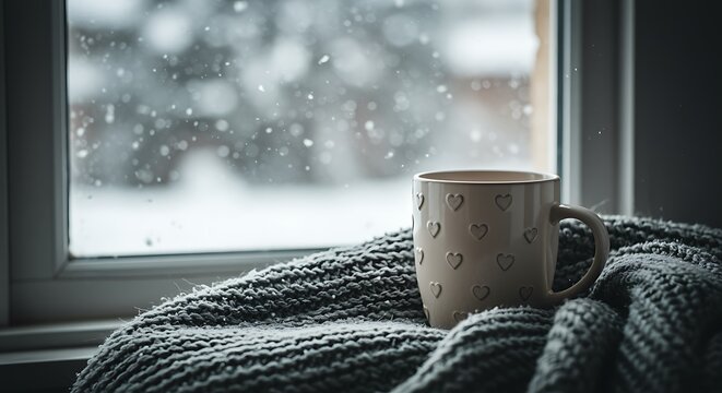 Cozy winter scene with mug blanket and snowfall outside window