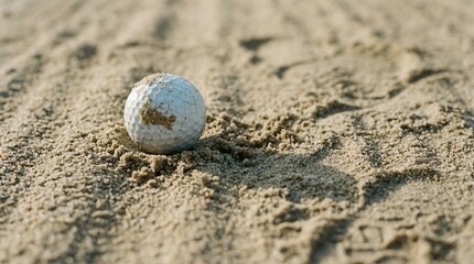 Golf ball resting on sandy surface, surrounded by fine grains, showcasing texture and detail, capturing the essence of a challenging golf course environment