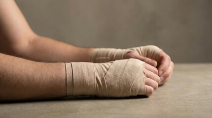 Athletic male hands wrapped in beige bandages resting on a textured surface, symbolizing strength, resilience, and preparation for physical challenges in sports or martial arts