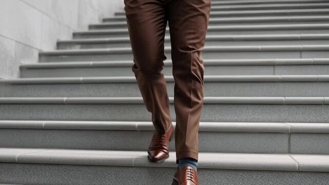 A man in a suit is walking up a set of stairs. Concept of professionalism and formality, as the man is dressed in a suit and tie. The stairs themselves are made of gray material