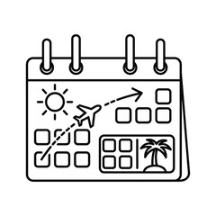 Travel planning calendar icon showing sun, airplane flight path, and beach vacation destination
