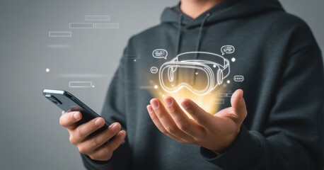 Handheld Metaverse: A person holds a mobile device and a glowing holographic VR headset, symbolizing the exciting intersection of technology and digital realities. 