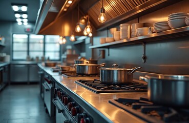 Pro empty restaurant kitchen interior view with metal equipment. Stoves and pans stand on tables. Shelves hold plates and dishes. Lights hang above cooking area in modern eatery.