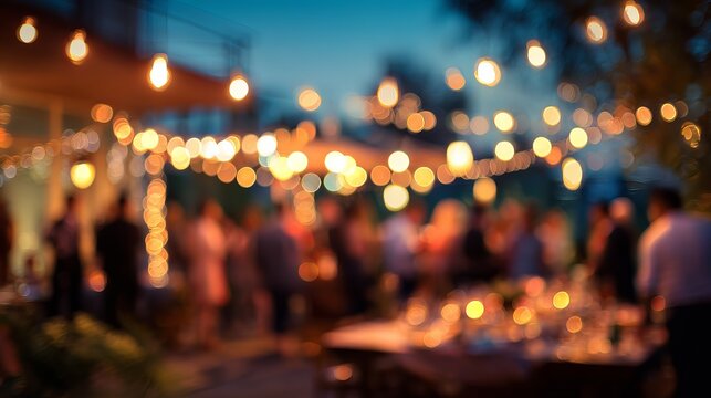 Magical evening gathering with warm string lights creating a festive ambiance perfect for celebrations and outdoor events under the twilight sky
