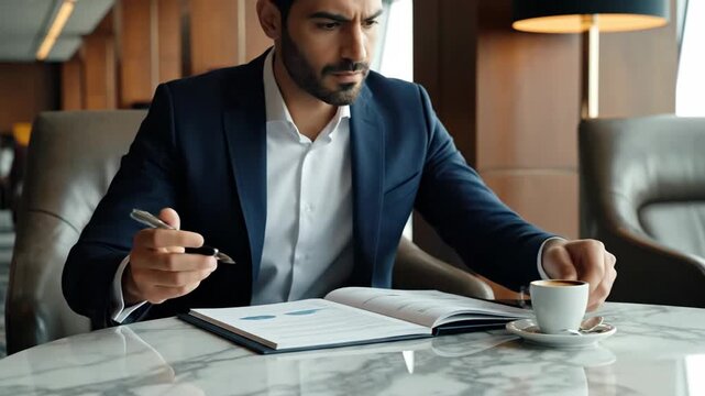 Cinematic footage of a focused businessman in a suit reviewing documents and holding a coffee cup at a marble table in a luxury hotel lobby.