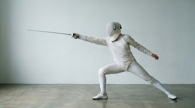 Fencing athlete in white uniform demonstrating a lunge position with a foil sword, showcasing agility and precision in a minimalist indoor environment with neutral tones