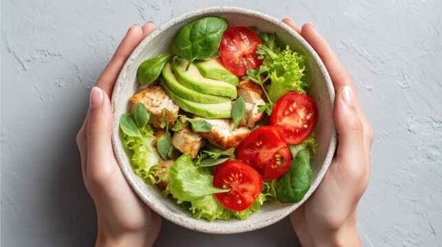 Hands hold a delicious salad filled with greens sliced avocado and juicy tomatoes for a healthy meal.