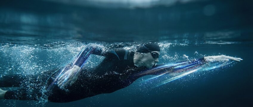 Male swimmer in a sleek black wetsuit glides through clear water, showcasing powerful strokes and dynamic movement, embodying athleticism and determination in a competitive environment