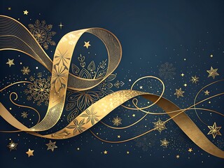Elegant golden ribbon with sparkles on dark blue background